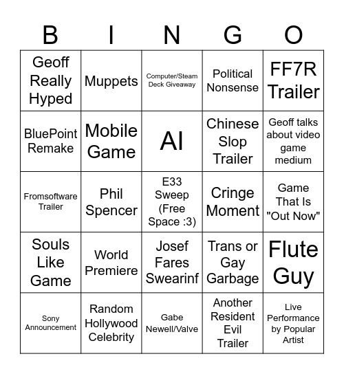Game Awards 2025 Bingo Card
