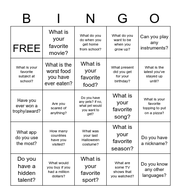 'Get To Know You' Bingo Card