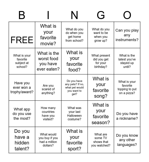 'Get To Know You' Bingo Card