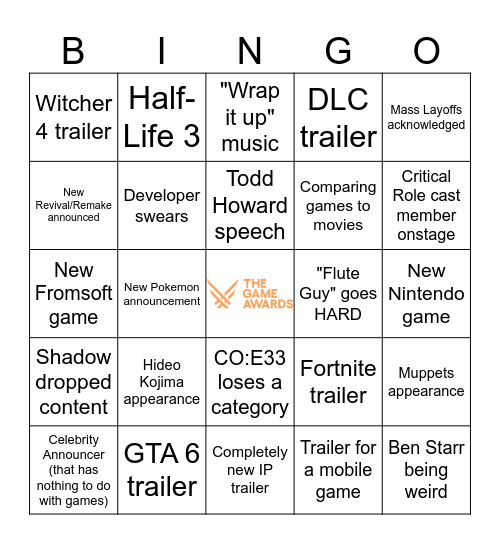 Game Awards 2025 Bingo Card