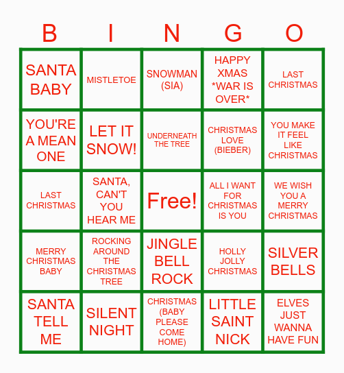 CHRISTMAS SONGS Bingo Card