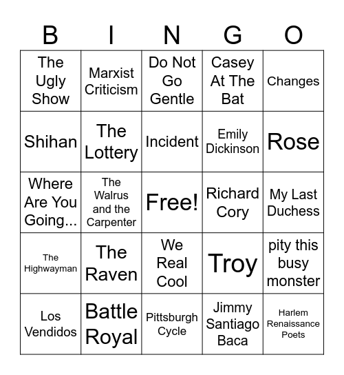 EN201 Final Bingo Card