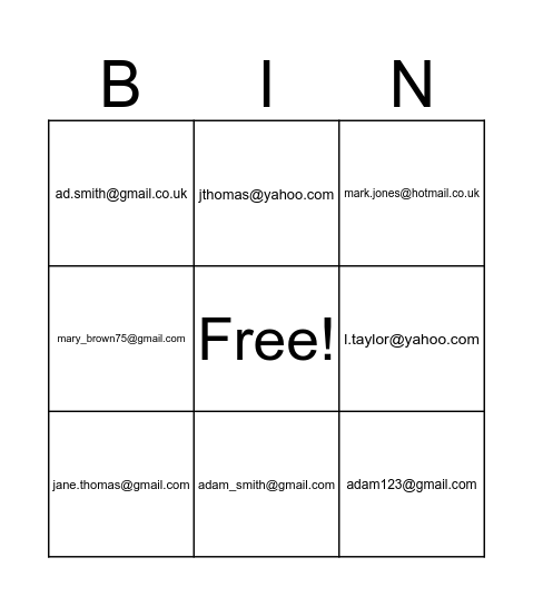 Email Bingo  Bingo Card