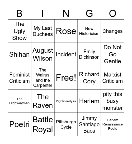 EN201 Final Bingo Card