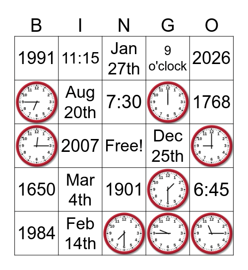 Times and Dates Bingo Card