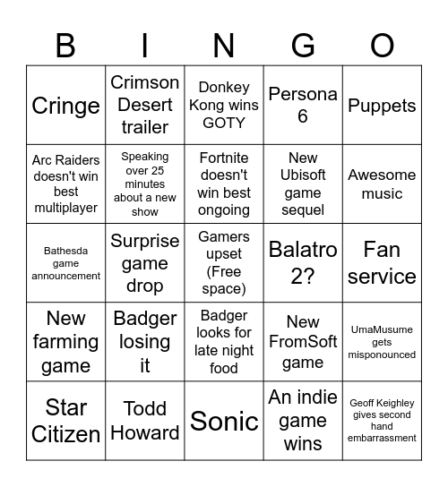 GOTY 2025 Bingo Card
