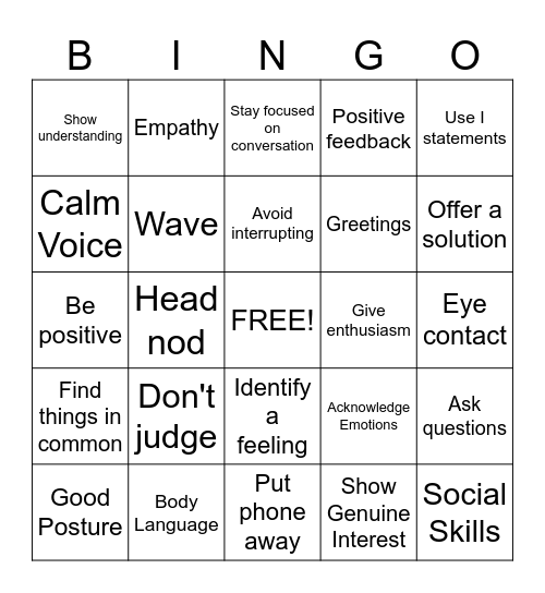 Social Skills Bingo Card