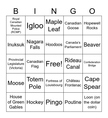 Foundations Socials 5-7 Canadian symbols and landmarks review Bingo Card