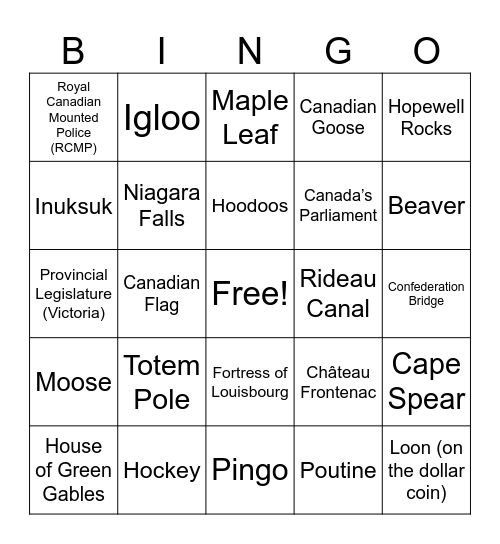 Foundations Socials 5-7 Canadian symbols and landmarks review Bingo Card