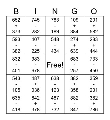 3 Digit Addition & Subtraction Bingo Card