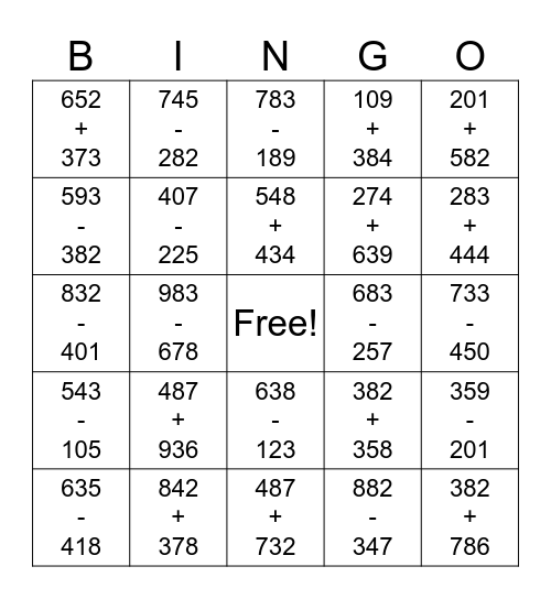 3 Digit Addition & Subtraction Bingo Card