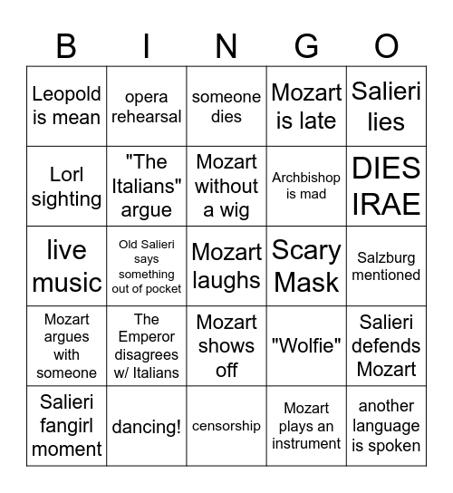 Amadeus Bingo Card
