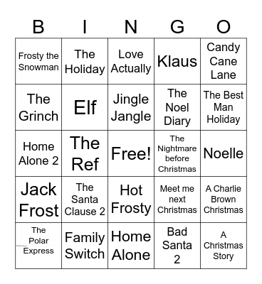 Holiday Movies Bingo Card