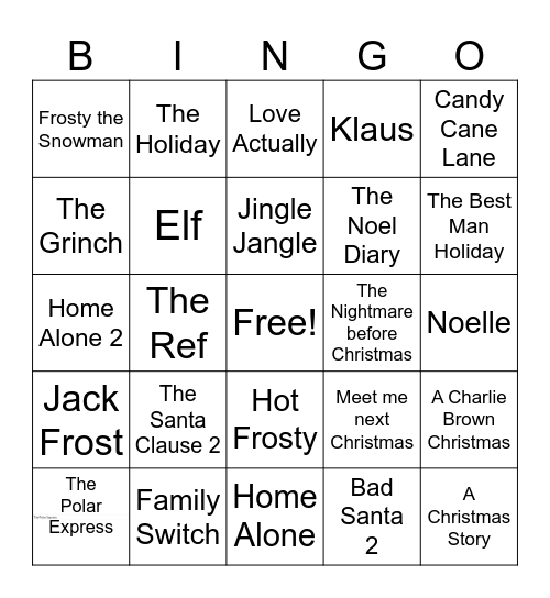 Holiday Movies Bingo Card