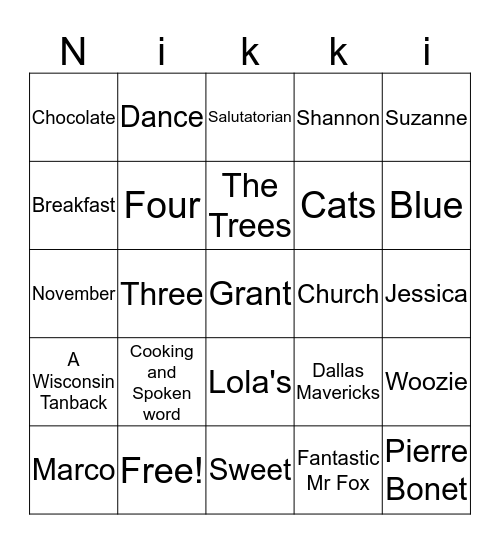 Nikki's Bridal Shower BINGO Card