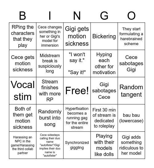 Autofister Bingo Card