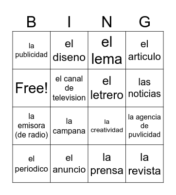 Spanish Bingo Card
