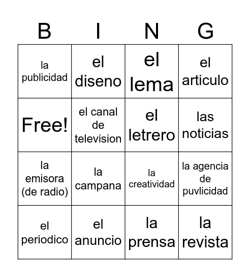 Spanish Bingo Card