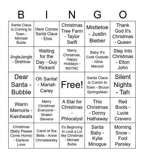 Holiday Music Bingo Card