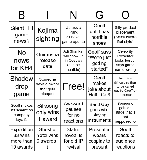 The Game Awards 2025 Bingo Card