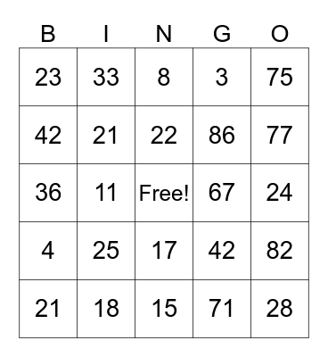 NUMBER BINGO Card