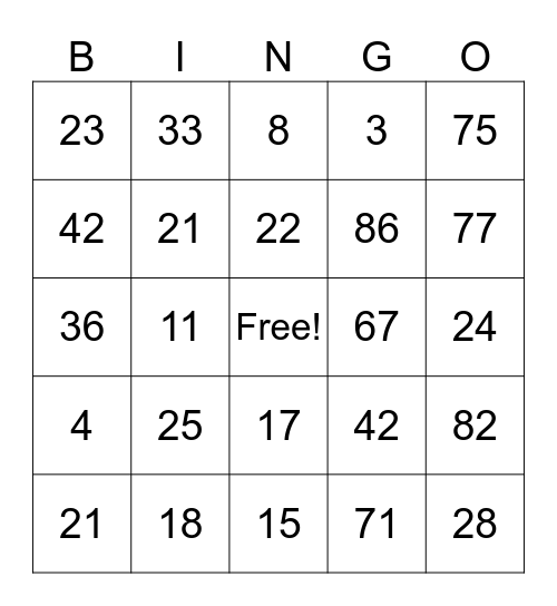 NUMBER BINGO Card