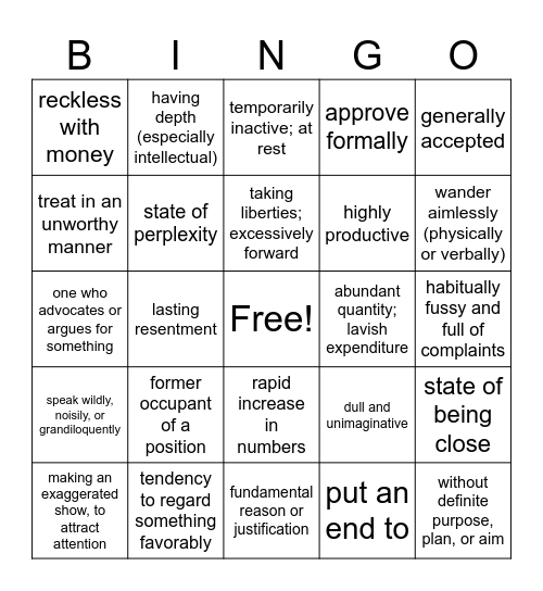 SAT Vocabulary Bingo Card