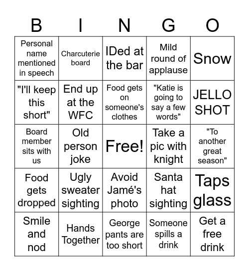 WFC Christmas Party Bingo Card