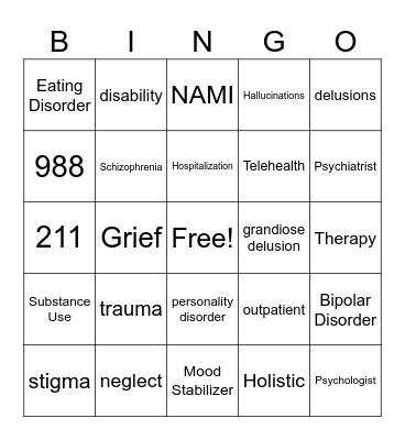 Mental Health Bingo Card