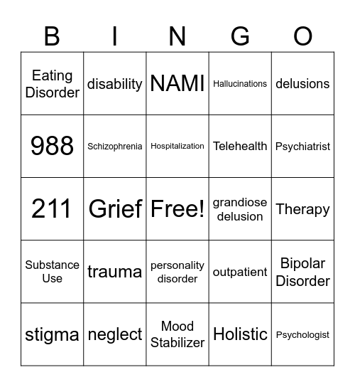 Mental Health Bingo Card