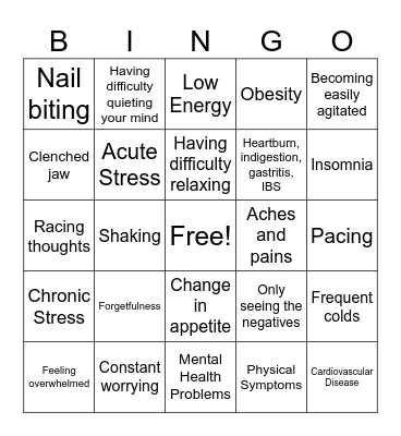 Signs of Stress Bingo Card