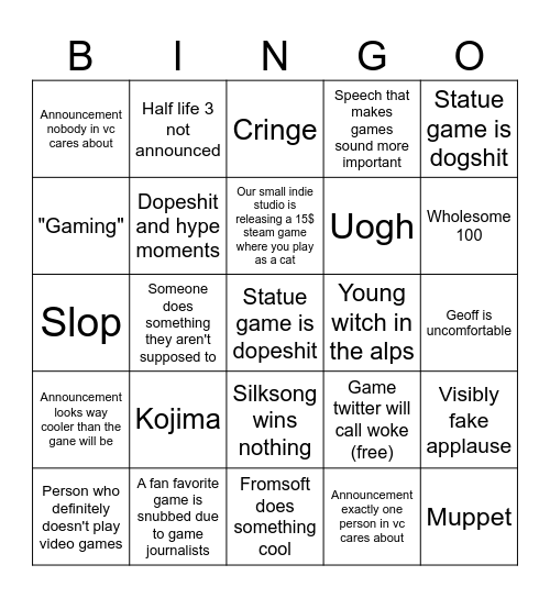 Trench Game awards Bingo Card