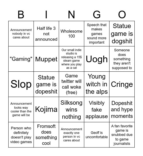 Trench Game awards Bingo Card