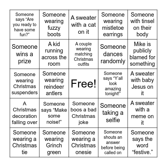 Ugly Sweater Bingo Card