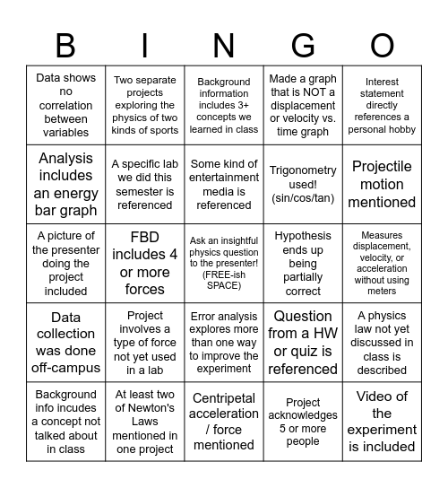 Physics Project Bingo! Bingo Card