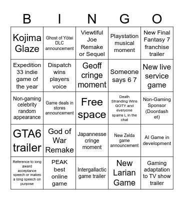 Game Awards 2025 Bingo! Bingo Card
