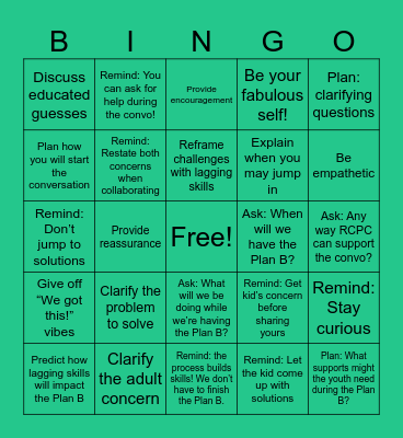 Preparing a Parent for Plan B Bingo Card