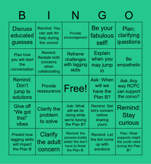 Preparing a Parent for Plan B Bingo Card