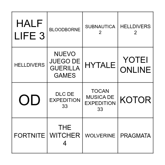 GOTY Bingo Card