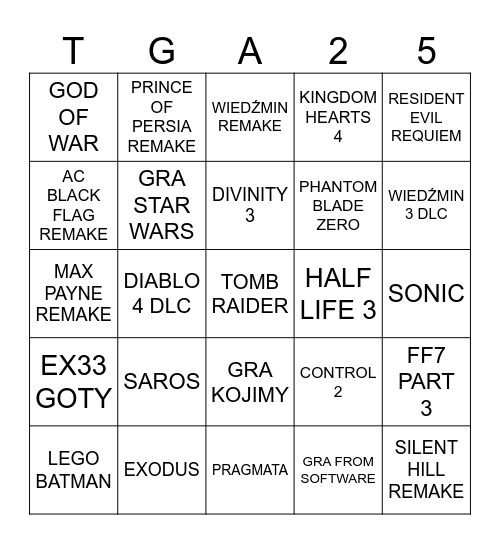 TGA 2025 Bingo Card