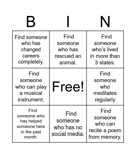 test card Bingo Card