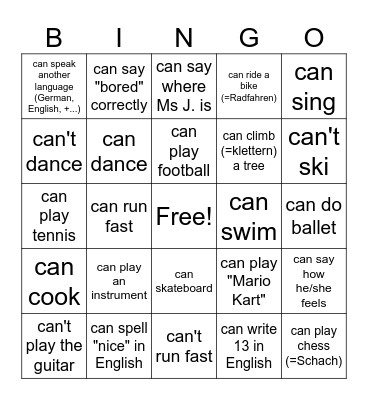 Can/Can't Bingo Card