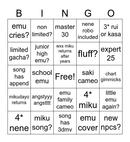 emu7 predictionss Bingo Card