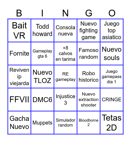 Bingo de los Game Awards Bingo Card