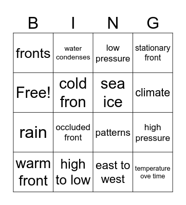 Weather Bingo Card