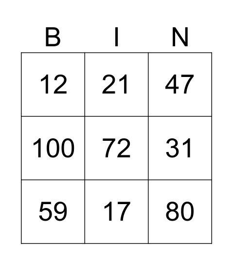 Numbers Bingo Card