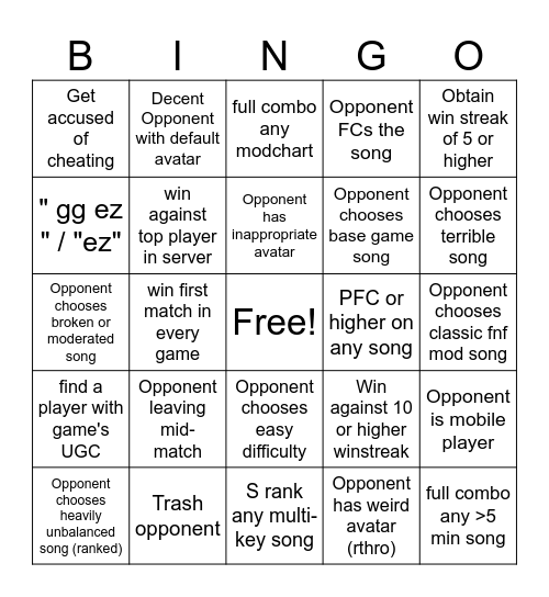 Roblox FNF Bingo Card
