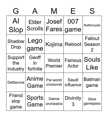 Game Awards Bingo Card