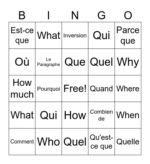 French Bingo Card