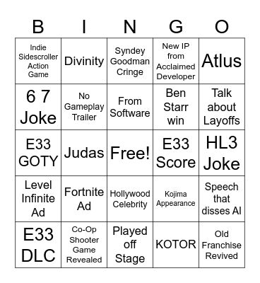 Game Awards 2025 Bingo Card